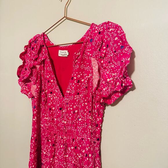 Tanya Taylor Women's Pink Silk Luciana Print Ruffle Midi Dress Size 8 - Picture 10 of 10